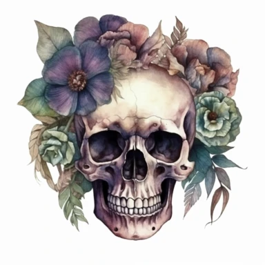 watercolor clipart, carved skull on which large flowers and plants, leaves, dark pastel color, gothic style, white background