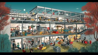 illustrated creative space, lots of people are working, hidden object, funny, minimalistic, vector clipart, 8k, high detail
