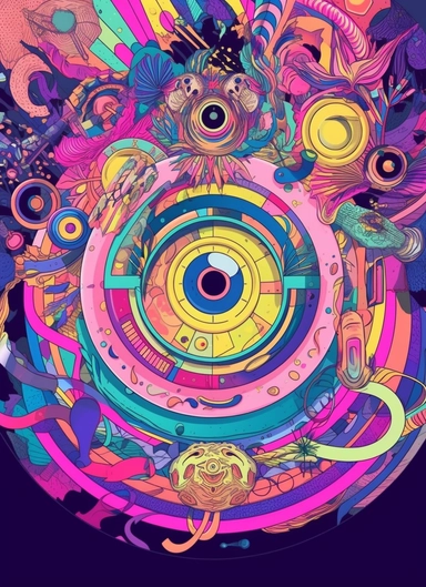 The time tunnel in the shape of eyes, flying out a lot of fantastic products, fun and interesting young people, colorful, paradise, mobile phones, frisbees, drones, clipart, intricate, ultra-detailed, vivid colours, high definition, blue ,UHD