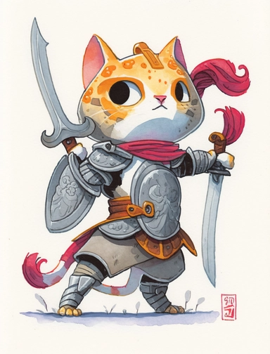 beautifully colored, beautifully illustrated anthropomorphic self defense cat , with a cast shadow , beautiful gouache painting, chibi clipart with a cast shadow on white background, beautiful gouache painting, , watercolor art by concept art by Ken Sugimori art by cory loftis art by cory loftis