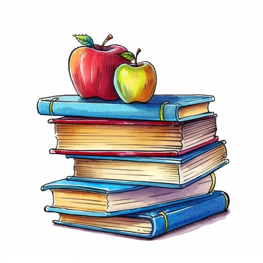 a stack of school books, apple on top, maple leaf, style by Lusy Fleming, vivid color, watercolor, clipart elements, smooth gradients, black contour outline, ultra detailed, white background, super clear, high quality 6