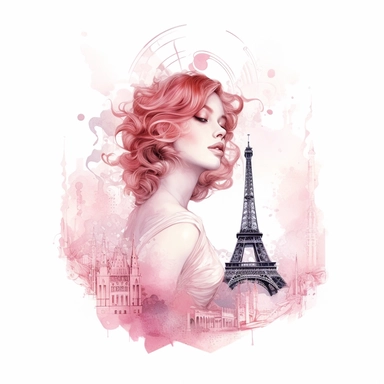 watercolor promotional print for the city of Paris depicting the essence of the France soul, dreamlike, inspired by line art in pink color, clipart, on white background