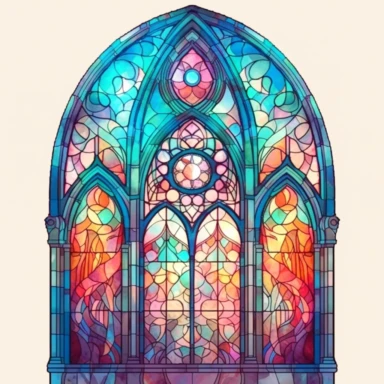 an intricate stained glass window design clipart, in the style of pastel gothic, #screenshotsaturday, reimagined religious art, multiple shapes,islamic art and architecture, watercolor illustrations, no background, vibrant colors, sunshine coming in through the glass