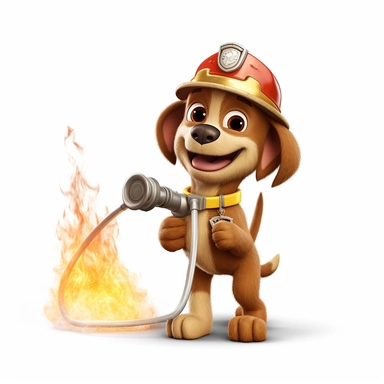 clipart, cartoon brown dog like a fireman puting out the fire with a fire hose, cap on head, in the style of imax, playful and lighthearted compositions, childlike innocence and charm, uhd image, realistic and hyper-detailed renderings, movie still, utilizes, white background