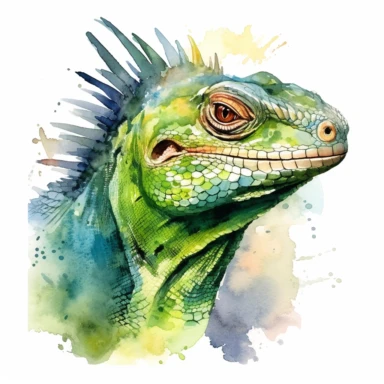 Green iguana face, watercolor, sharp illustration clipart, insane detail, white background