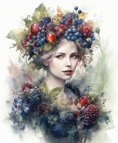 watercolor illustration mixed media beautiful charming overgrown with flowers and raspberries and blueberries and moss beautiful witch in the crown, rococo fashion, Witchcore, sparkle glitter, masterpiece by Hans Zatzka, in the style of 18th century botanical illustrations, isolated on white, PNG clipart, extreme photorealistic details, 32k HD resolution, realistic high detailization high resolution
