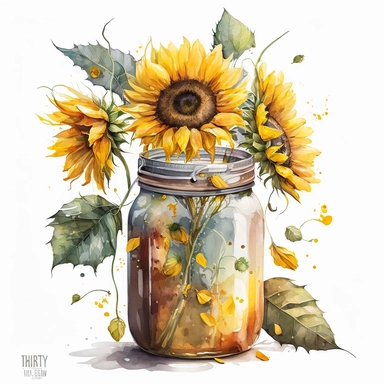 [3574865680] Watercolor clipart. A vibrant and energetic watercolor composition that celebrates the beauty of sunflowers, their bold and expressive forms creating a focal point within the jar.. White background. No text. No caption. No logo