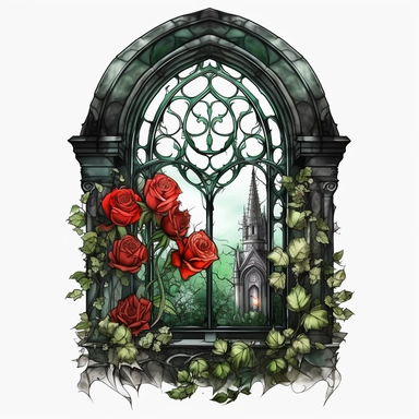 a gothic victorian window, overgrown with very big red and white roses and a lot of green beautifully designed, very clear view on a detailed victorian city, in the style of dark intense colors, oh my god is this beautiful, watercolor, clipart, white background