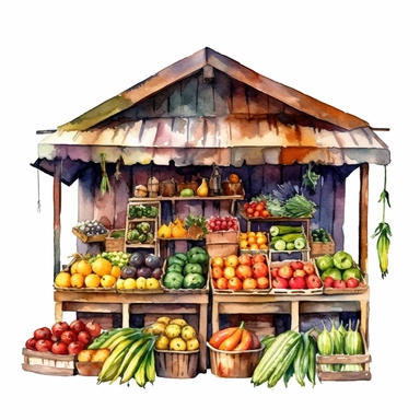 watercolor colorful clipart of a bountiful farmer's market, hd, on white background