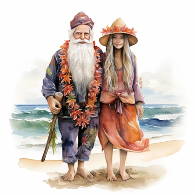 gnomes couple (man and woman) in Hawaii beach outfit, vibrant color, clipart, watercolor illustration, white background