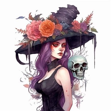beautiful witch wearing a witch hat, flower, skull, berd, in the style of dark fantasy creatures, fairy academia, intense deep pastel colours, i can't believe how beautiful this is, inventive character designs, elaborate costumes, magali villeneuve, Watercolor clipart, white Background