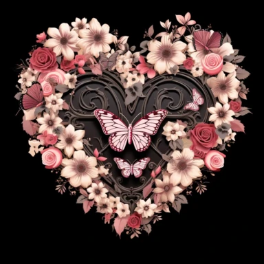 clipart style image of a hollow heart shape made up of flowers and butterflies in shades of pink and black