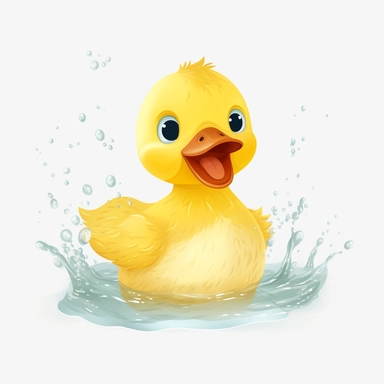 a stylish woodland cute yellow duck, adorable, in lake swimming, fluffy, shining eyes, smiling face, white background, 8k resolution, clipart