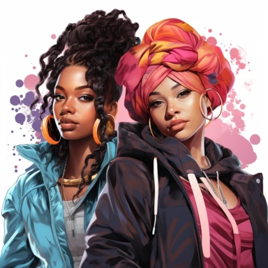 realistic illustration of two african american girls in their twenties. modern look, accesories, new look hairstyle, clothes in black and other intensive colors (for example purply, pink, turquoise, blue, yellow), clipart, isolated on white background, 4K