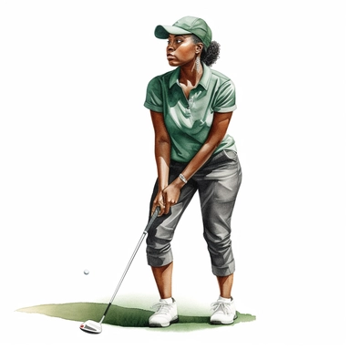Idyllic watercolor clipart of a young modern African american female golfer in close fitting sports golf clothes standing with his putting club on the putting green, isolated on a pure white background, insane detail,