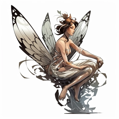 clipart, a beautiful lone fairy flying in the styles of Michal Lisowski and Cory Loftis, isolated on a white background, entire design should fit on the page