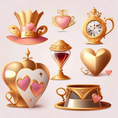 collection of hat , teapot,book, teacup, hearts cards, big crazy hat, gold melting clock , hourglass, queen of hearts , hearts paying cards vector clipart gold and light pink on white background