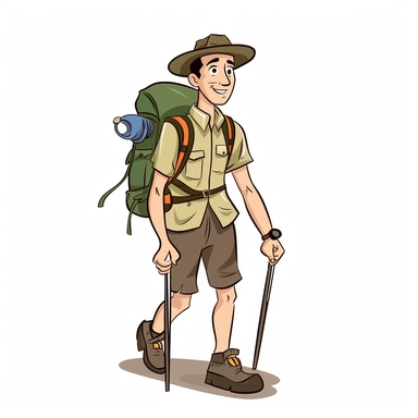 a man hiking, cartoon style, clipart, on white background
