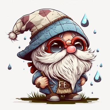 cute chibi happy gnome with big white beard, wearing spike hat, hat is covering the eyes, clipart, line art, in the style of Anni Betts + Christine Battuz, watercolor illustration style 8k, png