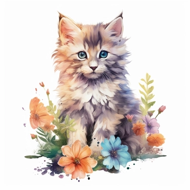 Beautiful colorful full body kitten on flowers, summer vibes, hand drawing digital art, clean design, sublimation, colorful, watercolor style, white background, 4K, extremely detailed, clipart