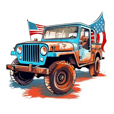 Military jeep equipped for USA independence day, painted in flag colors, Pixar style, vibrant colors, clipart with white background, - - v 5