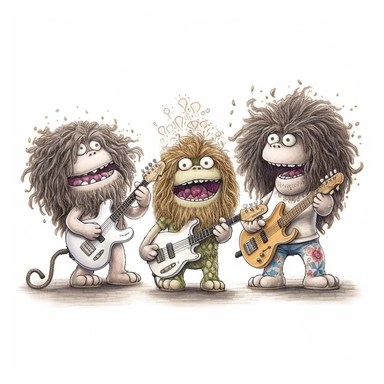 A cute happy tender band of rock monsters with long hair singing on a stage, cute, full body, profile view, white background, unreal engine, in style of maurice sendak, , maurice sendak illustration, clip art,