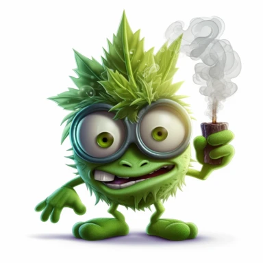 Clipart Stoned cartoon marijuana Leaf Character wit hred eyes and a rolled smoke in one hand