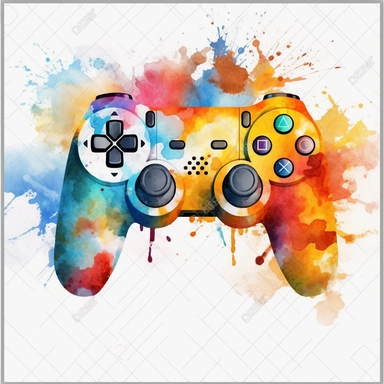 watercolor pc game controller clipart illustration, vibrant colors, transparent background, style of Ian mcque + banksy + invader, watercolor, Clipart, flat white background