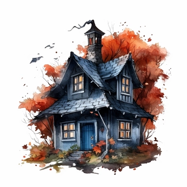 hyperrealistic high detailed dark academia fall witch cottage, acryl watercolor clipart, white background