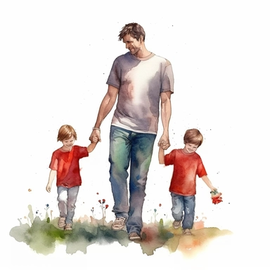 Watercolor Clipart, a man holding hands with two children in the field of flowers, watercolor cartoon, white background, computer art, digital illustration, detailed painting, realistic, high quality