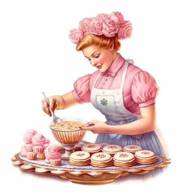 A Victorian baker in a rose-hued apron, carefully decorating pink sugar cookies on a blush-toned baking tray, Clipart, watercolor, white background, intricate detail