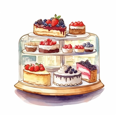 watercolor, hand drawn cheesecake in a bakery case clipart, hd, white background, spaced out--ar 3:2