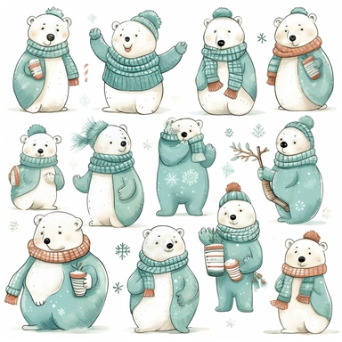 Charming polar bear clipart in the style of henry moret, showcasing these adorable arctic animals in various playful poses and expressions, adorned with winter accessories