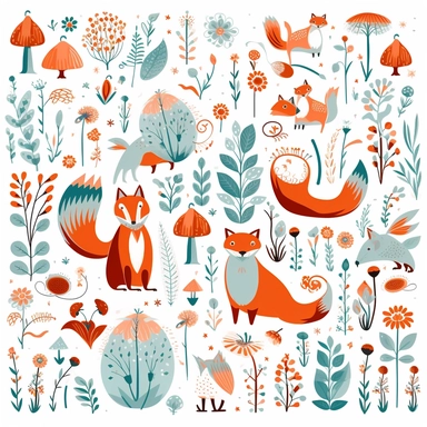 collection of free clipart of creatures, animals and flowers, in the style of light blue and amber, allover composition, joyful celebration of nature, 20th century scandinavian style, forestpunk, gestural outlines, feminine sticker art, white background