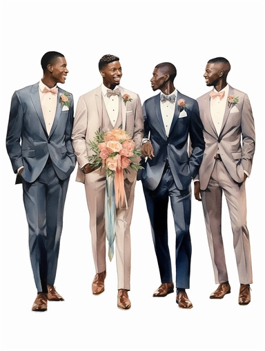full body watercolor African groom with groomsmen clipart, hd