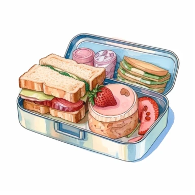 isolated illustration on a white background, a school lunch , Clipart, watercolor, realistic, fussy cuts, hdr, 32K, photo expert quality, watercolor realistic, hyperrealistic and highly detailed , soft pastel pink and blue colors, girly romantic style--no shadow