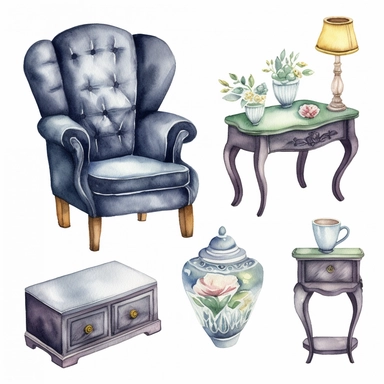 watercolor, home furniture set with armchair, table and carpet. Hand painted holiday illustration with interior objects isolated Full body realistic cartoon in 32K UHD cute. 15 cm thick outline. Black color. There was no shadow on the ground. 8k with realistic watercolors and detailed illustrations. PNG clipart, transparent white background