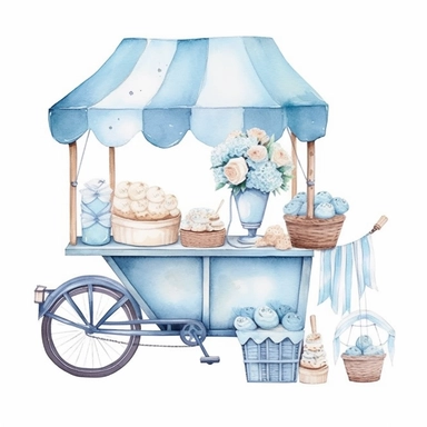 Watercolor wedding icecream blue stand, wedding clipart, simple, soft colors, cartoon elements, watercolor boho style, white transparent