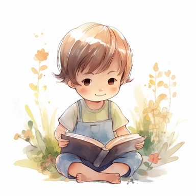 cute little boy reading a book, folk art, watercolor, clipart elements, kawaii, white background