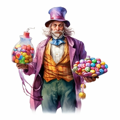 Fairytale style over realistic victorian styled dressed candy seller man in the candyland with watercolor effect,candyland scene,candies,fantasy style,realistic features,vibrant colors,suitable for digital clipart,white background