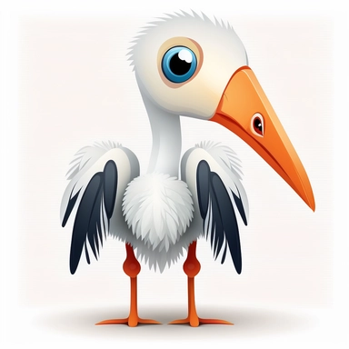 A clipart for kids with a cute baby stork animal motif in frontal view on white background. The animal motif is depicted in bold colors