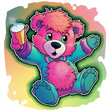 clipart of dancing and joyful teddybear from 80's, , deviant art by cory loftis children's book cover painting , goauche and colored pencil, appealing character design, , Scene and characters from a disney illustration painting, in the style of brushwork exploration, vibrant accented colors conveying a mood or tone, , texture exploration, , full page illustrated , beautiful gouache painting by alex ross, , character has a drop shadow, on white background, foreshortening, bold lines, caricature s