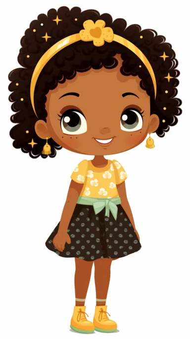 Meet an adorable clipart character, a little Black girl, radiating with individuality and beauty. This heartwarming illustration showcases her lovely hairstyle, cheerful expression, and trendy attire. The clipart style infuses the image with whimsy and joy, making it ideal for various creative endeavors such as crafts, invitations, and digital designs. The character is situated against a transparent background, offering easy placement and customization. The clipart is provided in high resolution