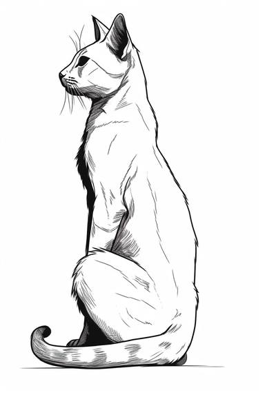 cat sitting in profile, thin line silhouette outline simple one line sketch, vector logo clipart, leonardo da vinci style, white background,
