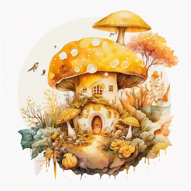 Watercolour yellow, orange Magic Mystical Mushroom clipart with white background cottage surrounded by fruits and front garden, with yellow buttlerflys