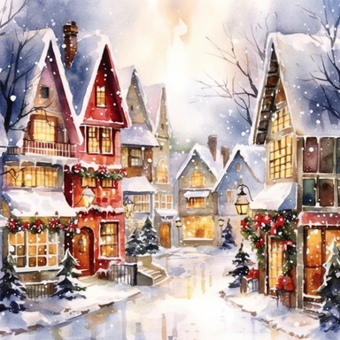 Christmas village, Clip art, magical, enchanting, wreaths, snow-covered streets, Watercolor, colorful buildings, sparkling, charming, detailed, glittery, shiny, twinkling lights, festive, ornate, traditional, whimsical, Michael Powell Style, white backgro
