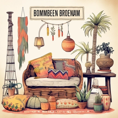 Bohemian Home Decor: Create clipart depicting bohemian-inspired home decor items like colorful rugs, throw pillows, tapestries, lanterns, succulent plants, and eclectic furniture pieces. These elements can be used to enhance interior design mockups or bohemian-themed projects with vibrant colors, organic shapes, and a sense of free-spiritedness to capture the essence of bohemian decoration.