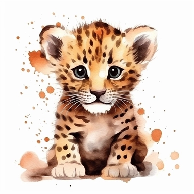 clipart full body friendly watercolour cute little baby leopard, realistic, detailed, white background, contour