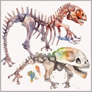 Watercolor dinosaur bones clipart, white isolated background, space out, hd