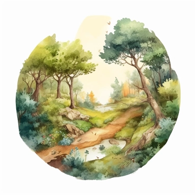 a watercolor of a realistic scenery of the center of the earth forrest, cottagecore style, vector free clipart illustration, in the style of unreal engine 5, 32k uhd, detailed features, white background